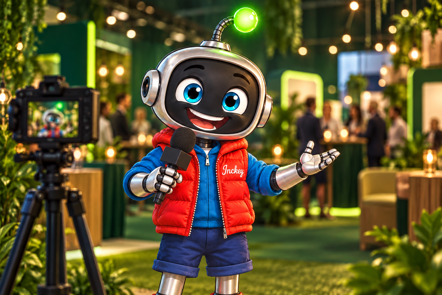 Inckey reporting with a handheld microphone and camera on a busy industry event floor.