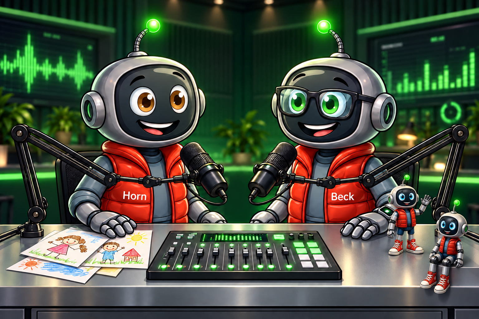 Horn and Beck as friendly robot cohosts sharing a podcast studio desk, with microphones and children's artwork.